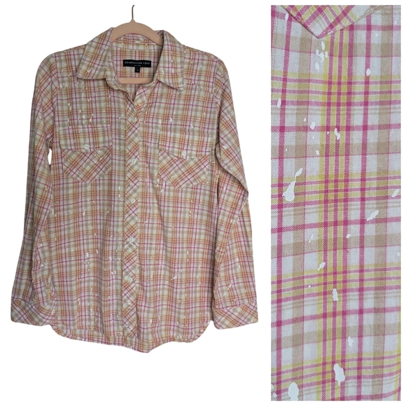 Generation Love Paint Splatter Plaid Button Up Pink and Yellow Size S Cotton - Picture 3 of 9
